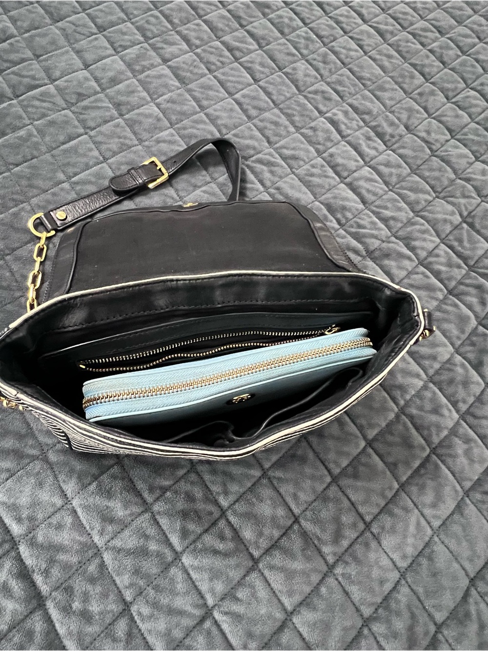 Tory Burch Crossbody Bag Purse Viva Striped & Wallet Black Leather Chain Strap - Picture 16 of 16